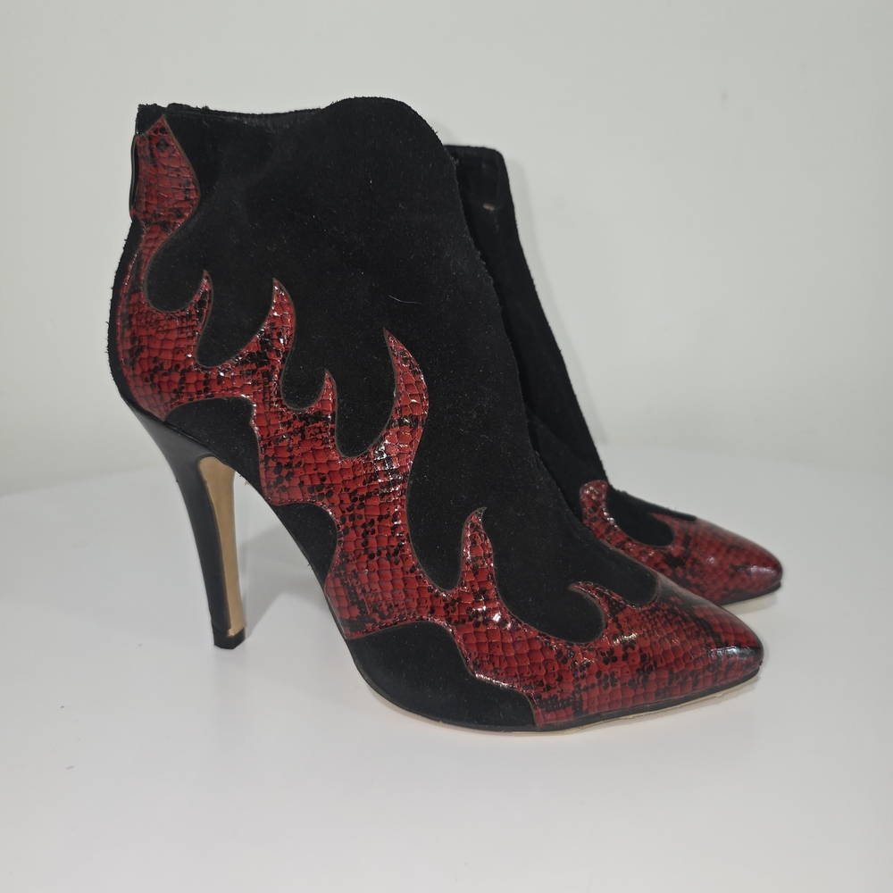 Jimmy Choo Black Suede Ankle Boots w/ Red Snake-Print Flame Detail SZ.10